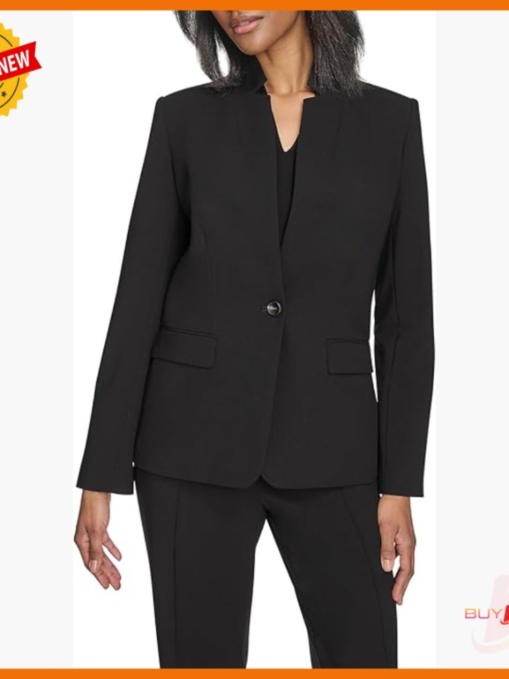 One Button Front Pocket Woven Blazer Stand Collar